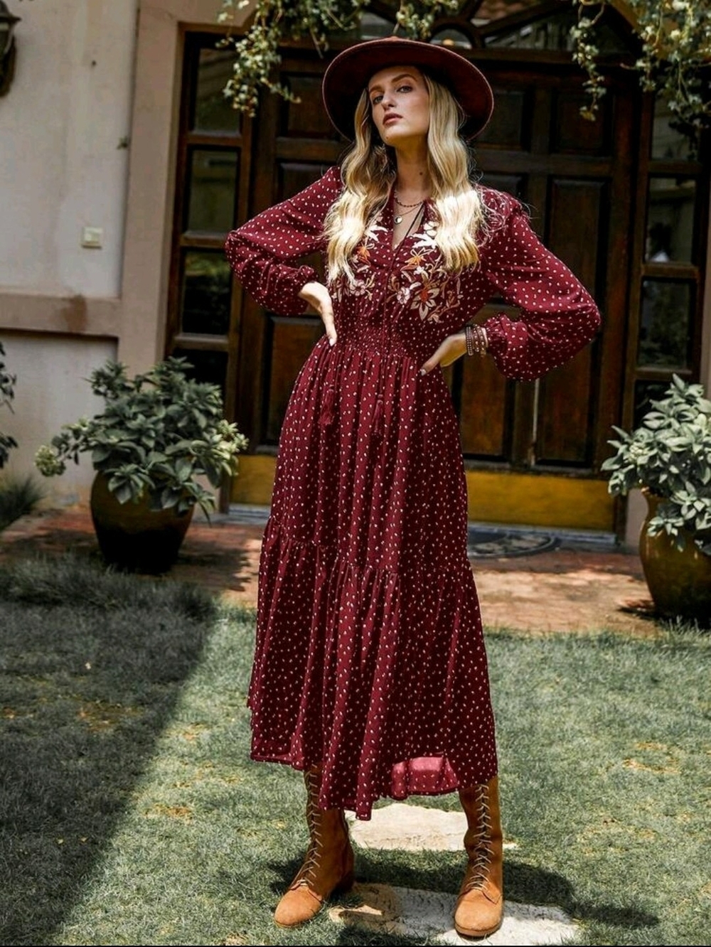 Women's Burgundy Long Sleeve Boho Maxi Dress - Picture 3 of 14